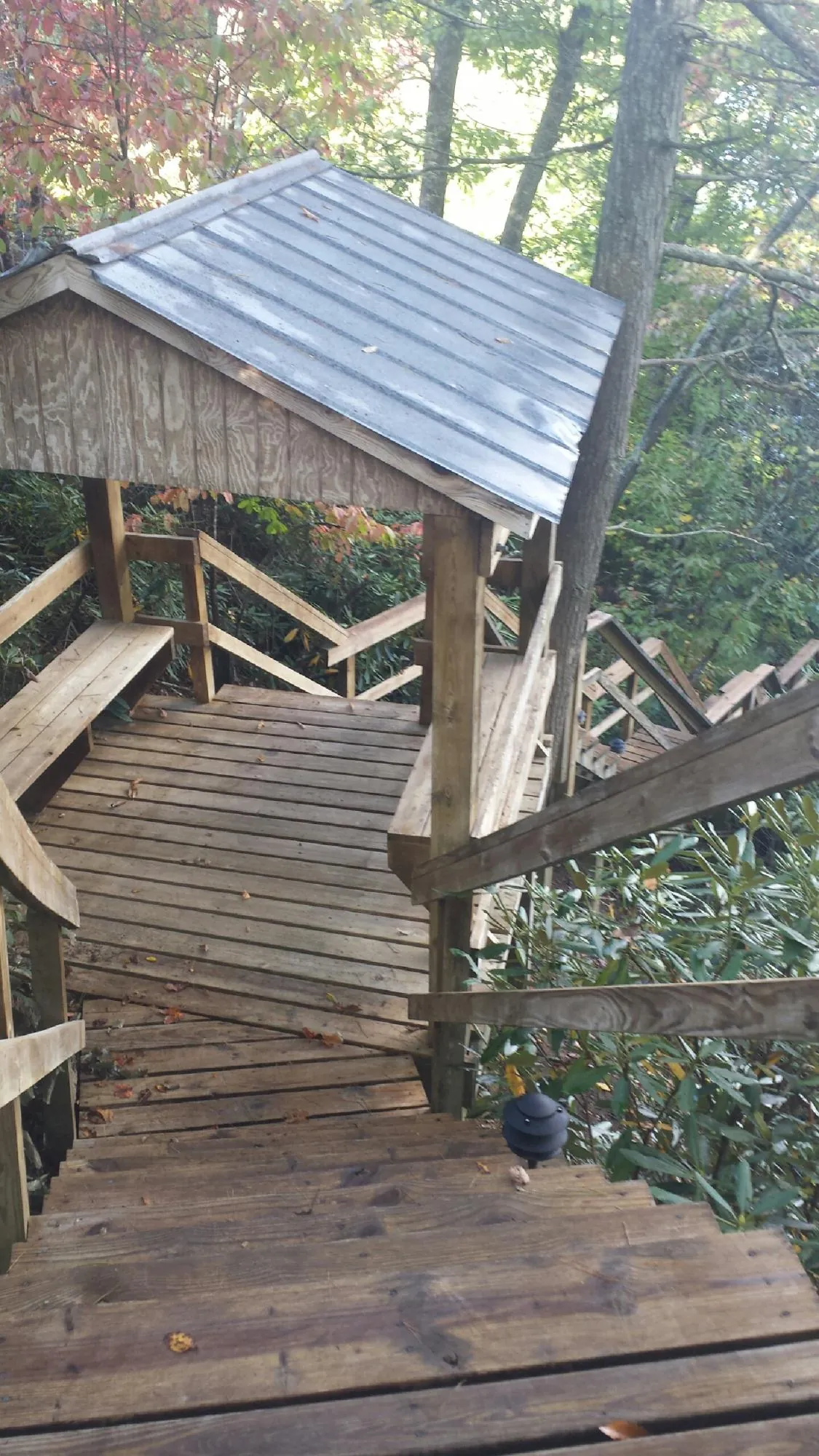 Metal roofed shelter over wooden steps on a wooded walkway — Skylight Repair & Installation work by our crew in Eastanollee